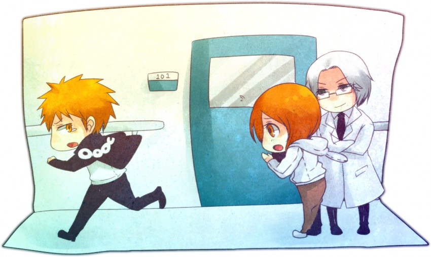 inoue orihime, kurosaki ichigo, and ishida ryuuken (bleach) drawn by yougirasu_(1140515)
