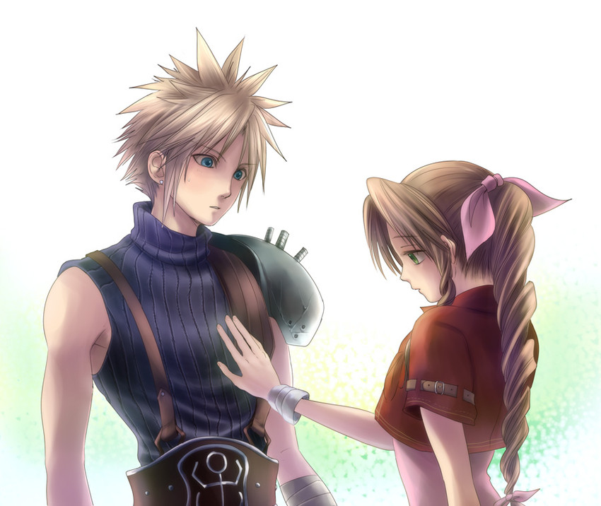 cloud strife and aerith gainsborough (final fantasy and 1 more) drawn by dodon_(reina)