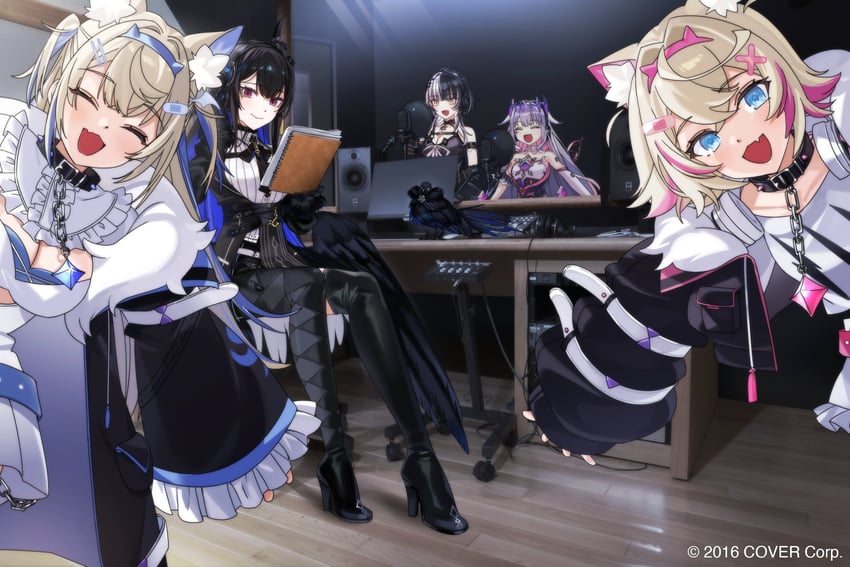 shiori novella, nerissa ravencroft, fuwawa abyssgard, mococo abyssgard, and koseki bijou (hololive and 1 more) drawn by yomosaka