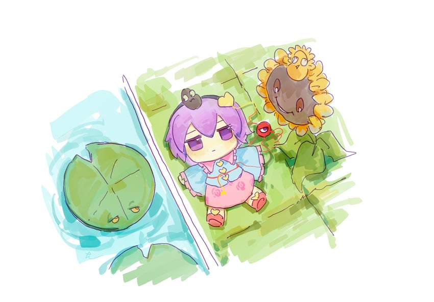 komeiji satori, sunflower, lily pad, and coffee bean (touhou and 2 more) drawn by ge_dazuo