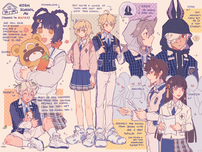 lumine, aether, zhongli, cyno, xiangling, and 4 more (genshin impact) drawn by sooooooooooup