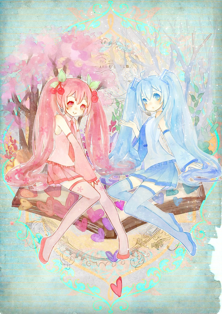 hatsune miku, yuki miku, and sakura miku (vocaloid) drawn by deluz