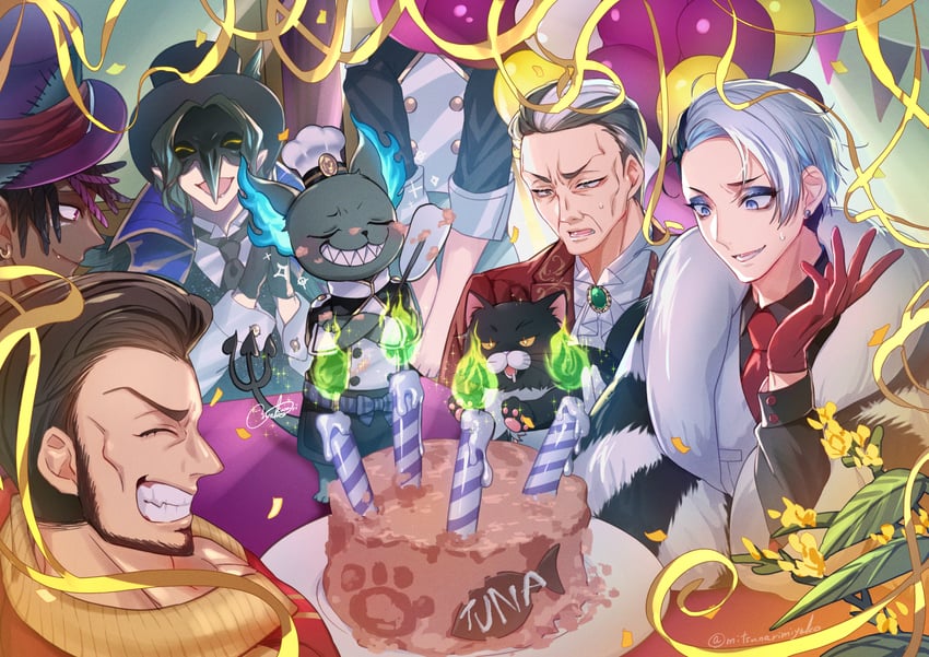 grim, divus crewel, dire crowley, sam, lucius, and 2 more (twisted wonderland) drawn by mitsunari_miyako