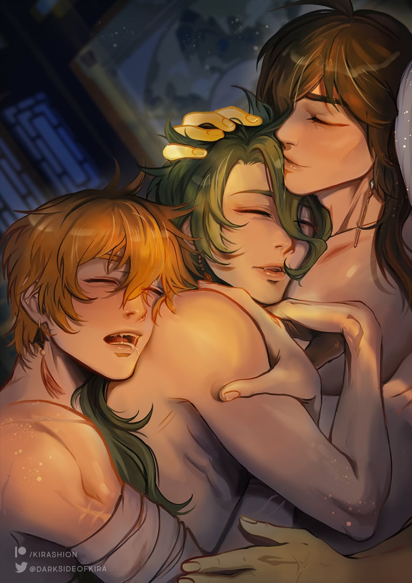 zhongli, tartaglia, and baizhu (genshin impact) drawn by kirashion