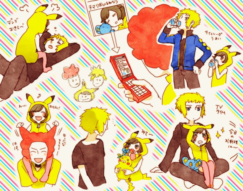 pikachu, shinx, volkner, poke kid, and flint (pokemon and 1 more) drawn by suzzy