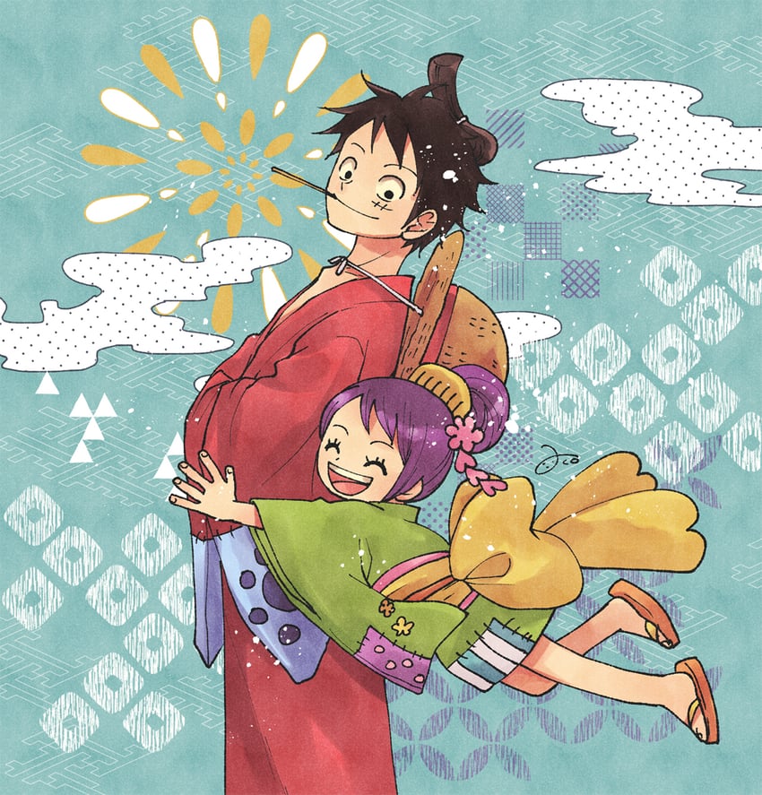 monkey d. luffy and kurozumi tama (one piece) drawn by aco_peda