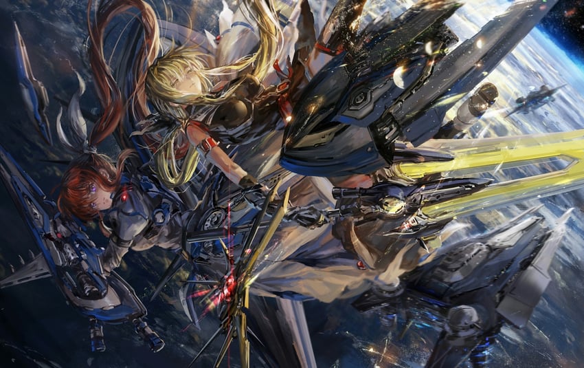 fate testarossa, takamachi nanoha, raising heart, bardiche, strike cannon, and 1 more (lyrical nanoha and 1 more) drawn by stu_dts