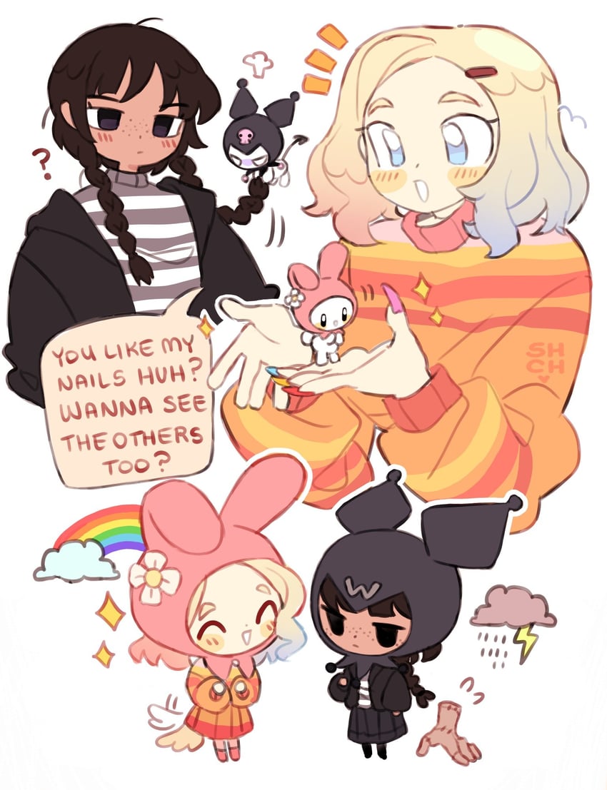 my melody, kuromi, wednesday addams, and enid sinclair (sanrio and 3 more) drawn by sharpycharot