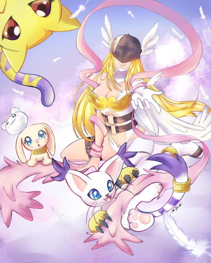 angewomon, tailmon, plotmon, nyaromon, and yukimibotamon (digimon) drawn by krystalstar70