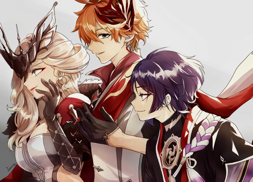 scaramouche, tartaglia, and signora (genshin impact) drawn by submarine_(o0azure0o)