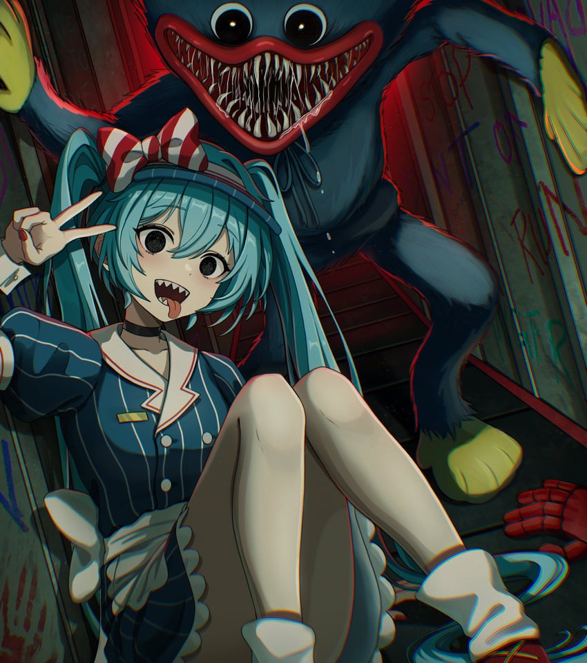 hatsune miku and huggy wuggy (vocaloid and 2 more) drawn by suoniko