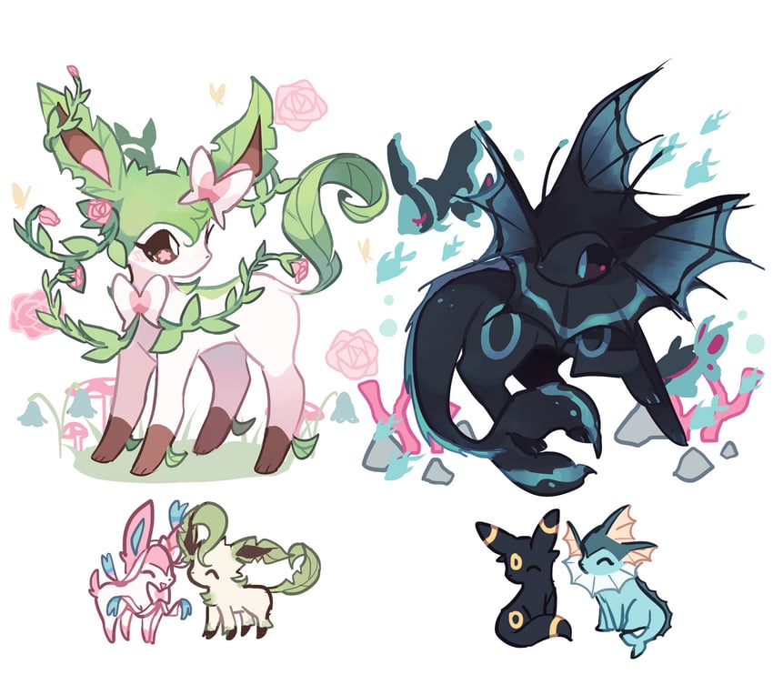 sylveon, umbreon, vaporeon, leafeon, and finneon (pokemon) drawn by charamells