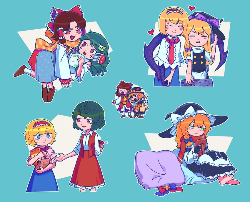 hakurei reimu, kirisame marisa, kochiya sanae, alice margatroid, patchouli knowledge, and 11 more (touhou and 3 more) drawn by hita_(hizokuseikogeki)