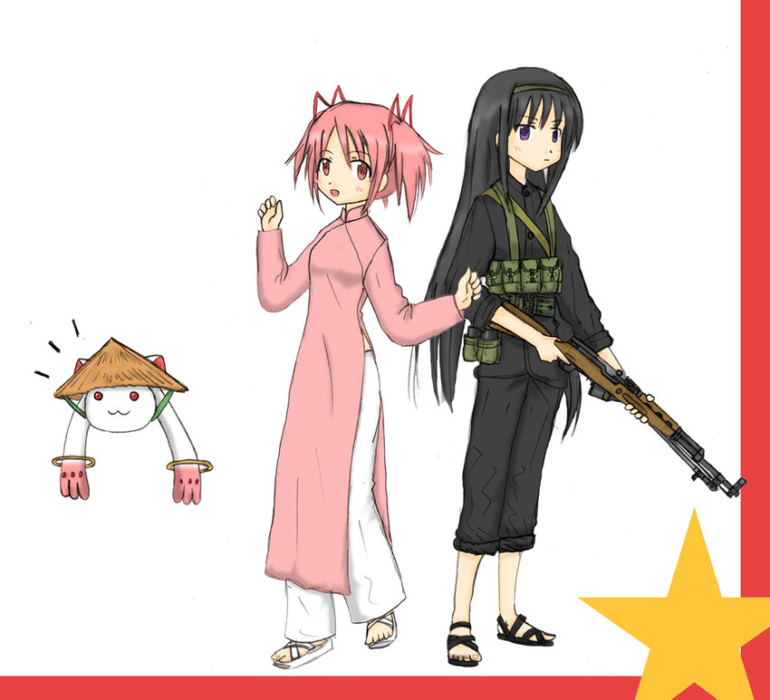 akemi homura, kaname madoka, and kyubey (mahou shoujo madoka magica) drawn by ernest_(sieg1945)