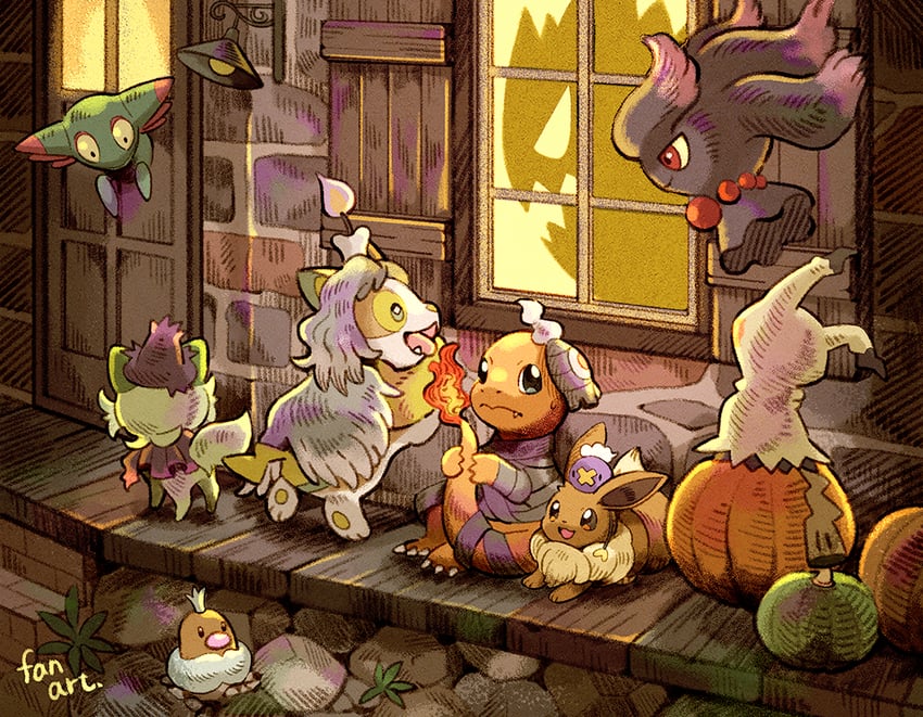 eevee, gengar, mimikyu, sprigatito, charmander, and 9 more (pokemon) drawn by matsuri_(matsuike)
