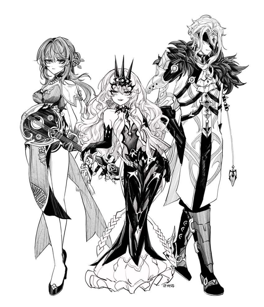 ruan mei, mobius, and dottore (genshin impact and 4 more) drawn by rainbowsugarflower