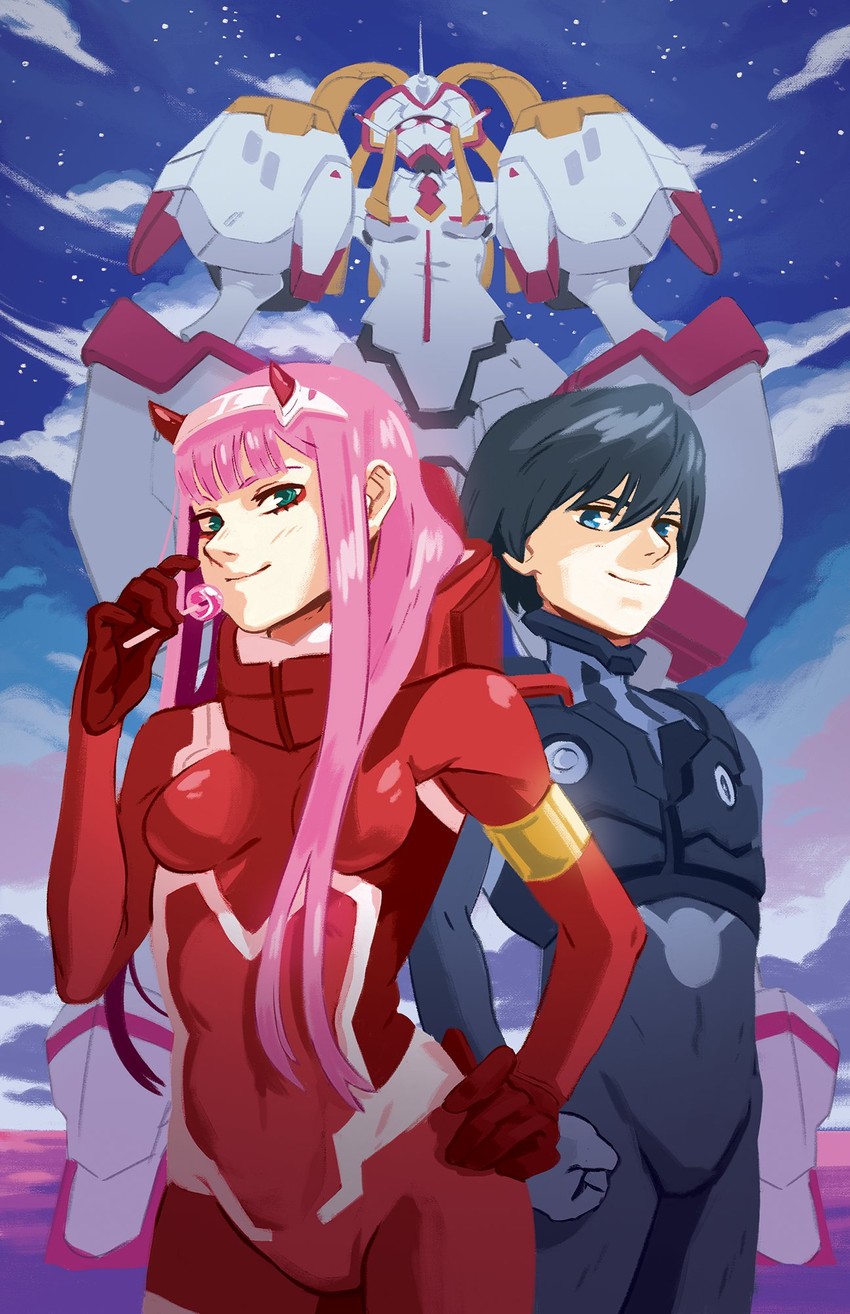 zero two, hiro, and strelizia (darling in the franxx) drawn by christianblaza