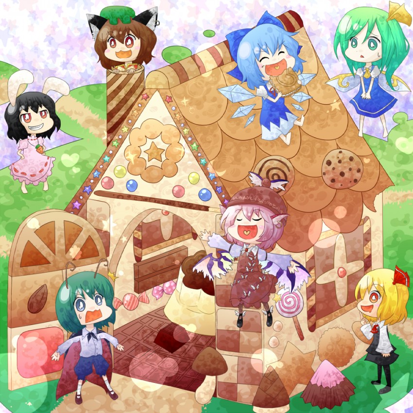 cirno, rumia, chen, mystia lorelei, inaba tewi, and 2 more (touhou) drawn by kuzugitsune_(inarikami)