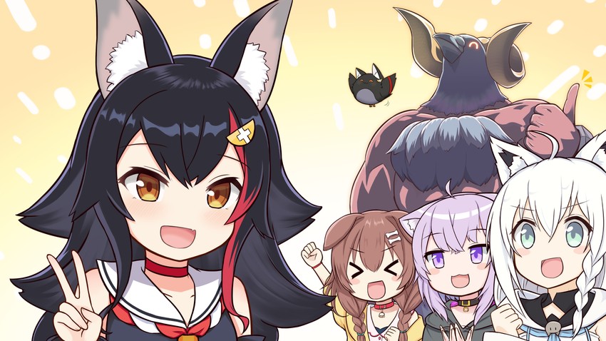 shirakami fubuki, nekomata okayu, ookami mio, inugami korone, hatotaurus, and 1 more (hololive) drawn by patyu3