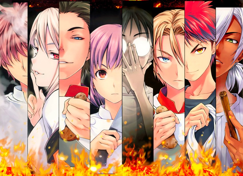 yukihira souma, nakiri alice, arato hisako, takumi aldini, hayama akira, and 3 more (shokugeki no souma) drawn by saeki_shun