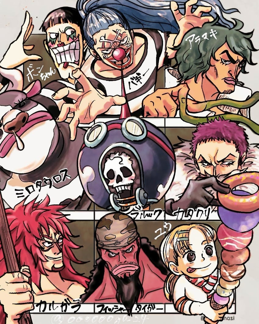 brook, buggy the clown, charlotte katakuri, bon clay, calgara, and 4 more (one piece) drawn by oooooogu24