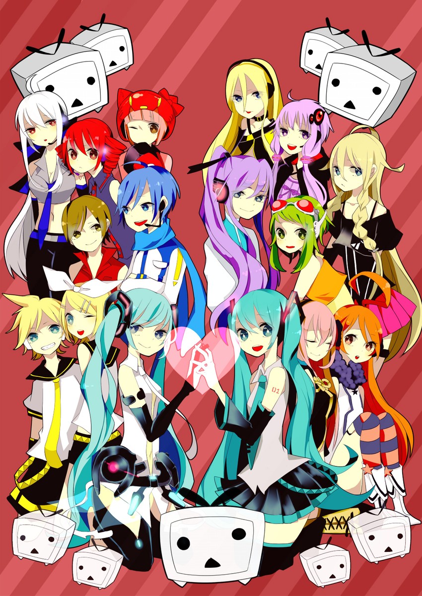 hatsune miku, kagamine rin, kagamine len, megurine luka, kasane teto, and 11 more (vocaloid and 3 more) drawn by uomiya_naname