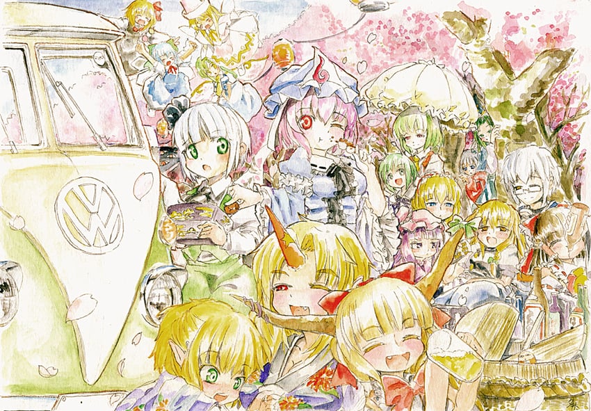 hakurei reimu, kirisame marisa, konpaku youmu, alice margatroid, cirno, and 11 more (touhou) drawn by master_(4th)