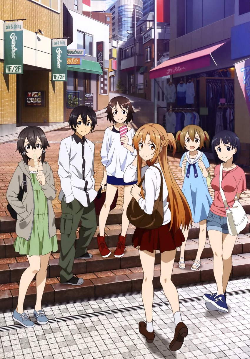 asuna, kirito, kirigaya suguha, silica, asada shino, and 1 more (sword art online)