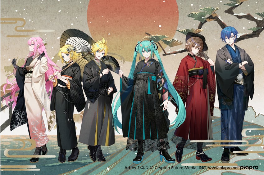 hatsune miku, kagamine rin, kagamine len, megurine luka, kaito, and 1 more (vocaloid) drawn by hinatsu