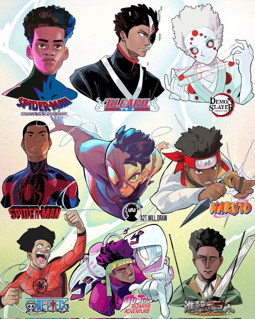 spider-gwen, miles morales, and spider-man (jojo no kimyou na bouken and 9 more) drawn by a2t_will_draw