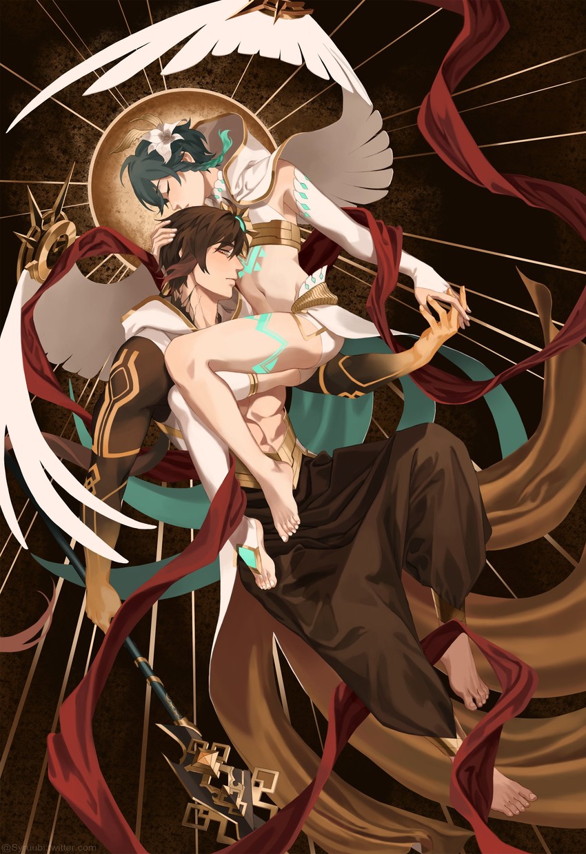venti and zhongli (genshin impact) drawn by syruubi