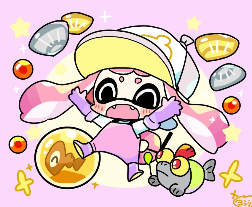 inkling player character, inkling girl, and smallfry (splatoon and 1 more) drawn by yoshishi_(yosisitoho)