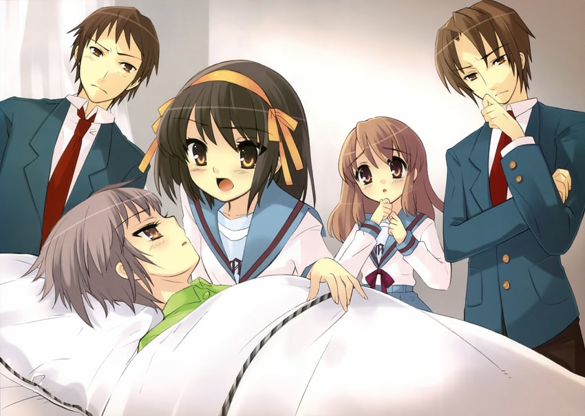 suzumiya haruhi, nagato yuki, asahina mikuru, kyon, and koizumi itsuki (suzumiya haruhi no yuuutsu) drawn by ito_noizi