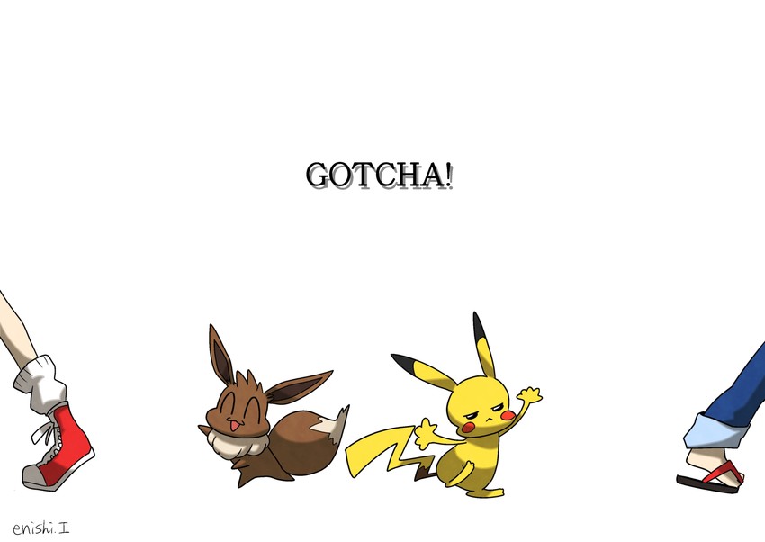 pikachu, eevee, gotcha! girl, and gotcha! boy (pokemon and 1 more) drawn by yukari_(yukari21653710)