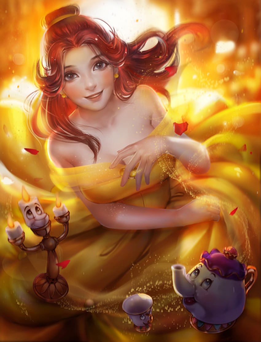 belle, mrs. potts, chip potts, and lumiere (beauty and the beast) drawn by heides110