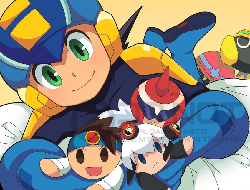 megaman.exe, lan hikari, met, protoman.exe, and eugene chaud (mega man and 1 more) drawn by egao_nina6