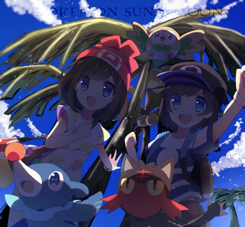 selene, rowlet, elio, popplio, and litten (pokemon and 1 more) drawn by hiyoko_(hello)