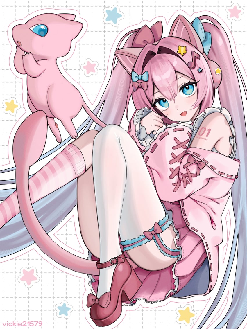 hatsune miku and mew (pokemon and 1 more) drawn by vickie_(cryingrobot)