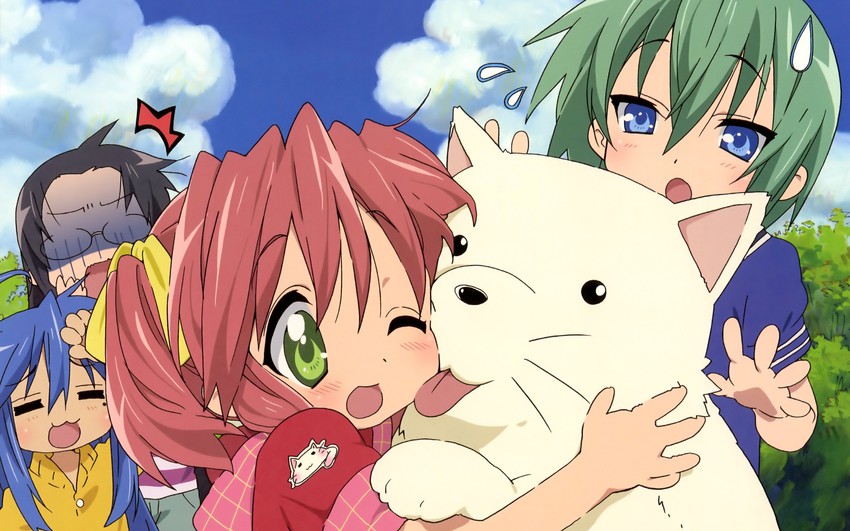 izumi konata, kobayakawa yutaka, iwasaki minami, tamura hiyori, nyamou, and 1 more (lucky star)