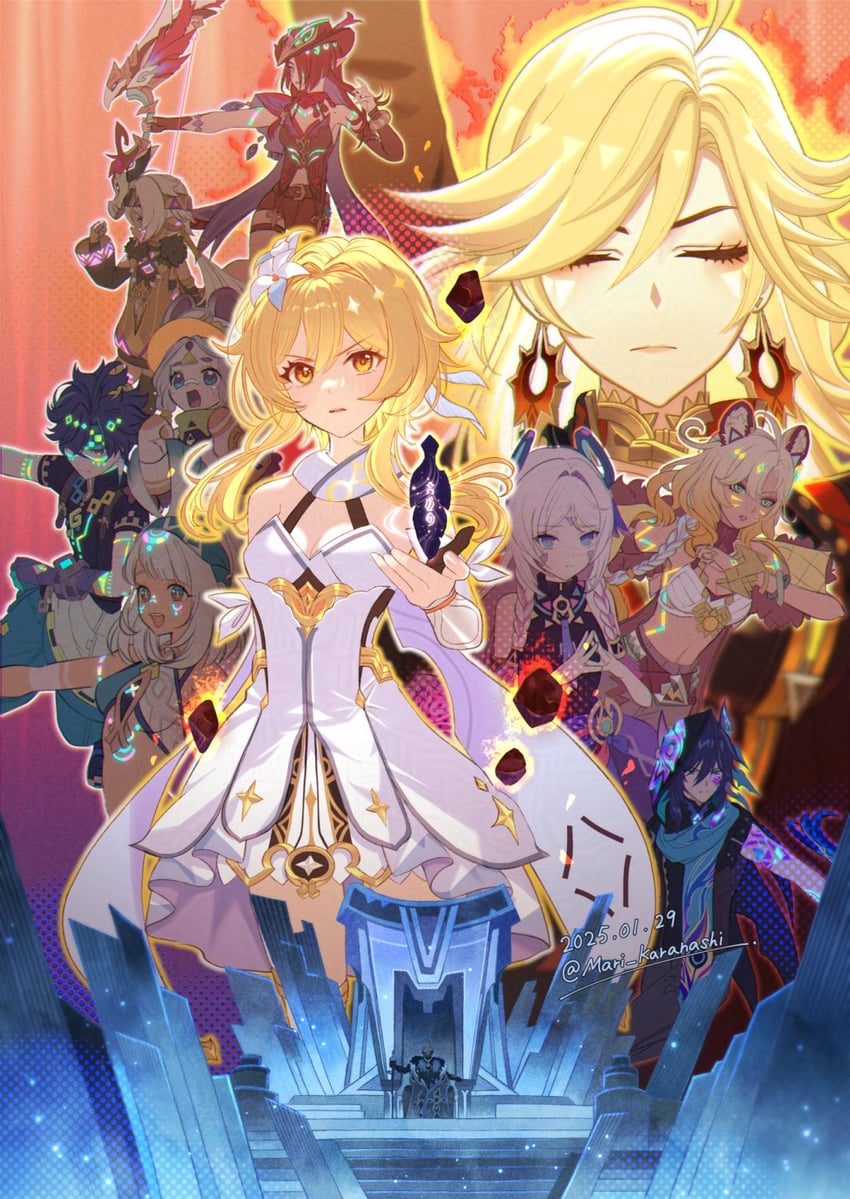 lumine, citlali, mavuika, mualani, kinich, and 6 more (genshin impact) drawn by karanashi_mari