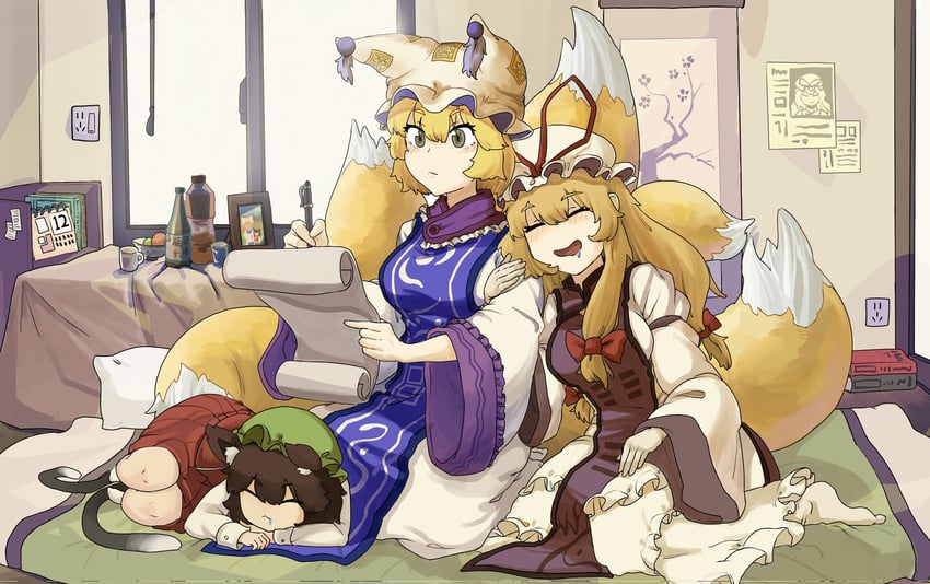 yakumo yukari, yakumo ran, and chen (touhou) drawn by onionmay