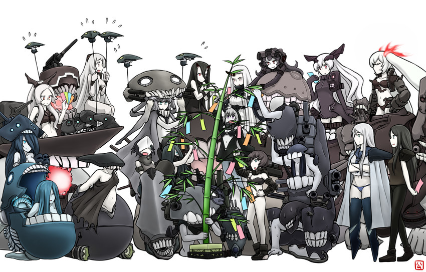 wo-class aircraft carrier, seaport princess, re-class battleship, battleship princess, i-class destroyer, and 22 more (kantai collection) drawn by hamu_koutarou