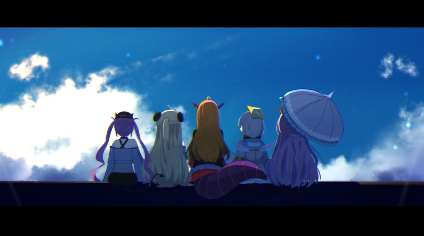 tokoyami towa, amane kanata, kiryu coco, tsunomaki watame, and himemori luna (hololive) drawn by okota_mikan