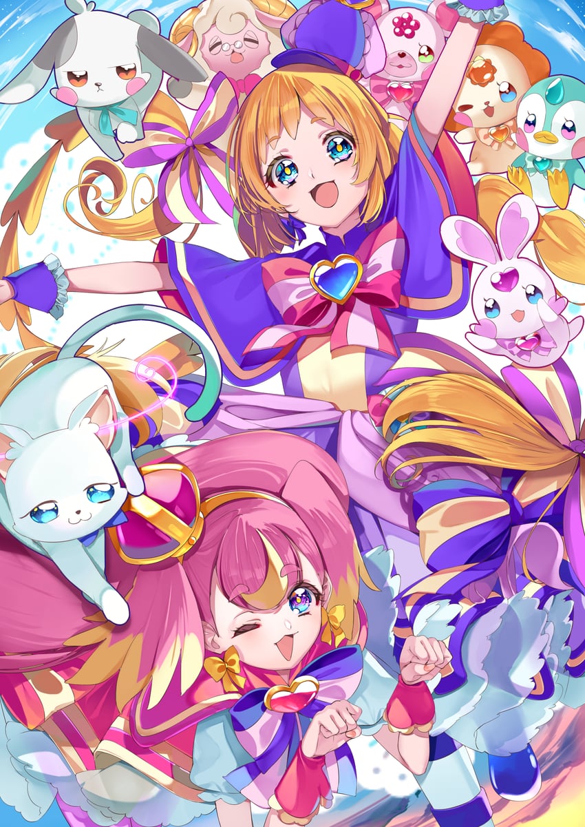 nekoyashiki yuki, inukai komugi, inukai iroha, cure wonderful, cure friendy, and 6 more (precure and 1 more) drawn by yuutarou_(fukiiincho)
