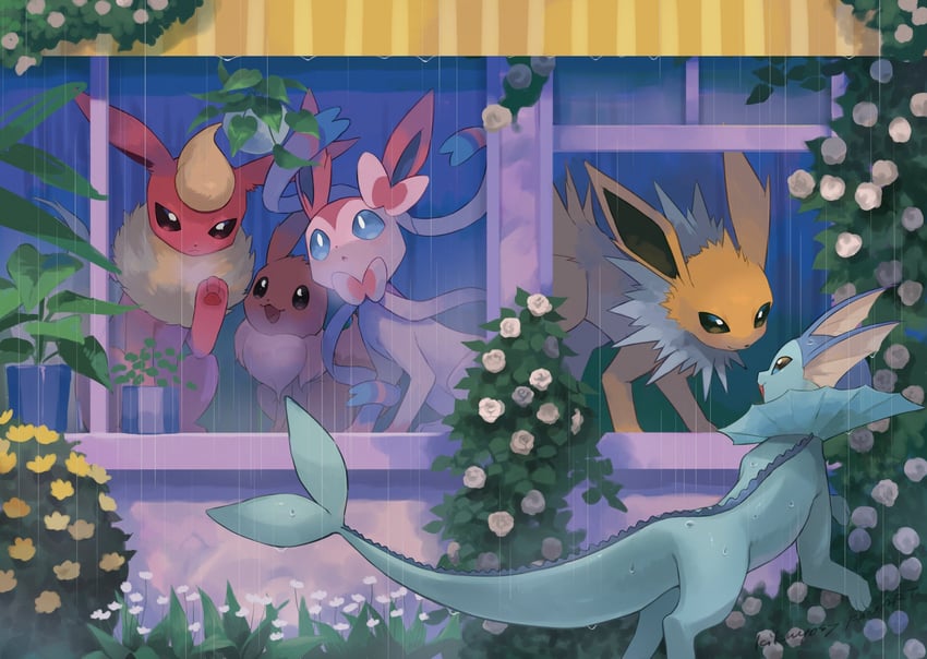 eevee, sylveon, vaporeon, flareon, and jolteon (pokemon) drawn by kikuyoshi_(tracco)