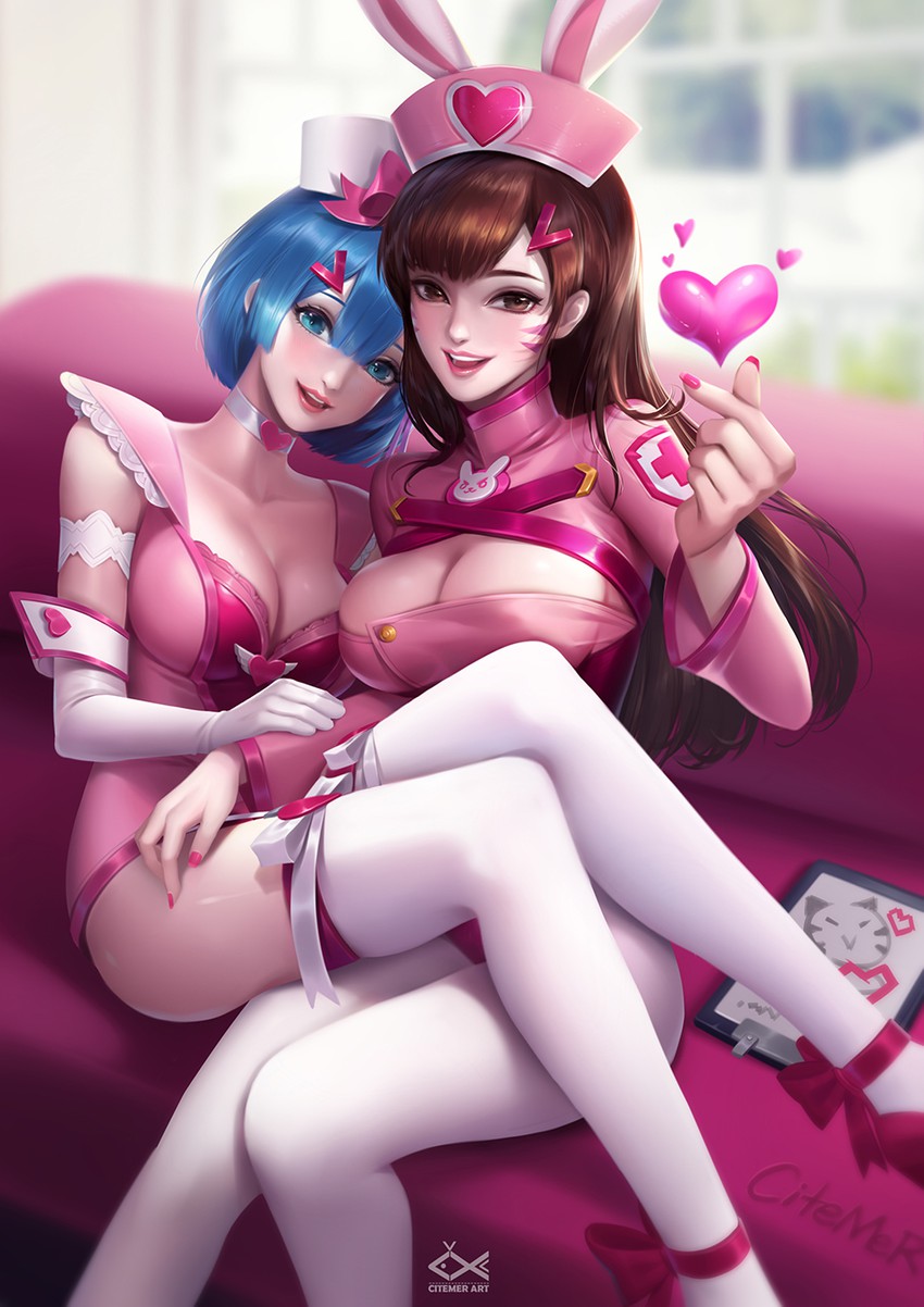 rem and d.va (re:zero kara hajimeru isekai seikatsu and 2 more) drawn by citemer
