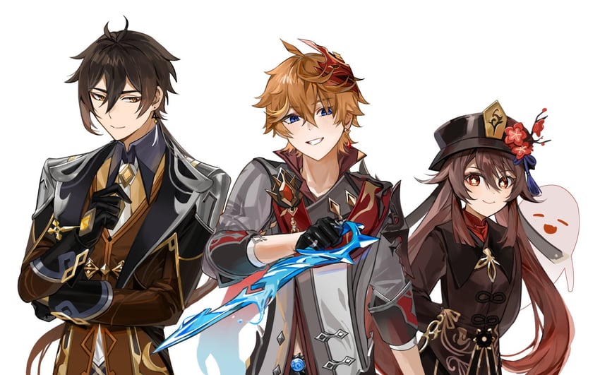 hu tao, zhongli, tartaglia, and boo tao (genshin impact) drawn by gyoju_(only_arme_nim)