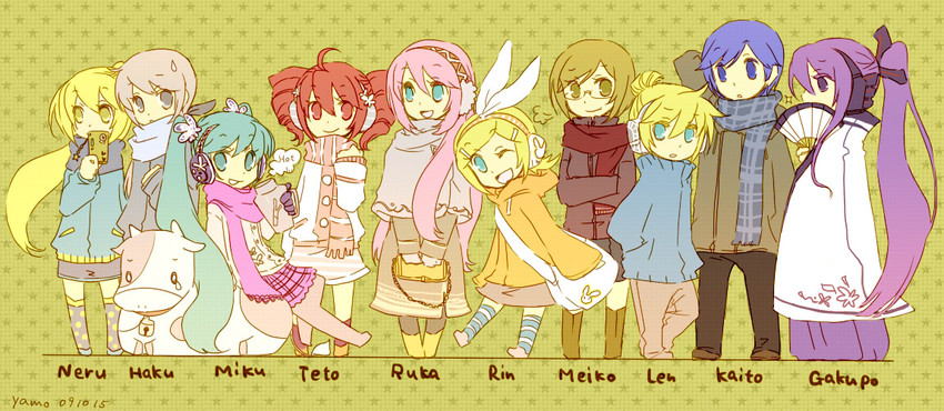hatsune miku, kagamine rin, kagamine len, megurine luka, kasane teto, and 5 more (vocaloid and 1 more) drawn by yamo_(sky2world)