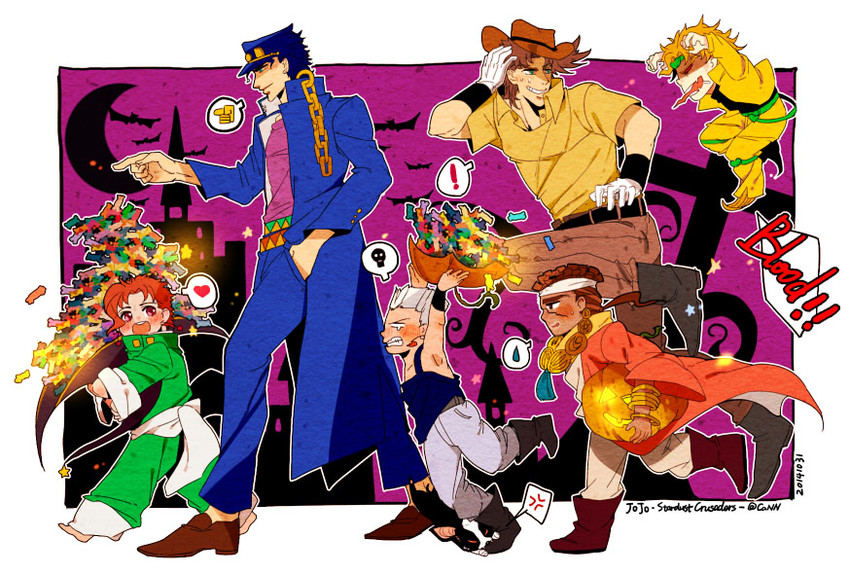 joseph joestar, kujo jotaro, kakyoin noriaki, jean pierre polnareff, and mohammed avdol (jojo no kimyou na bouken and 1 more) drawn by daidaiyoo