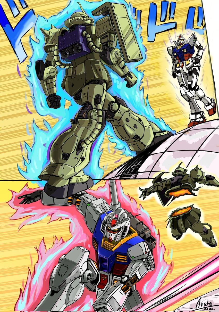rx-78-2 gundam and zaku ii (gundam and 3 more) drawn by arata_(arata333333)